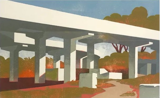 paul_catherall's tweet photo. V happy to unveil my new linocut, ‘Underpass’, for the @EamesFineArt exhibition ‘A Common Place’. This special project, conceived during Lockdown I, pairs gallery artists with writers from the collective @26characters to create work on the theme of “a common place”... https://t.co/hpqOo230yS
