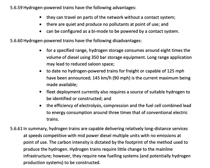 Why so little H2? Aren't we testing H2 trains already?Pros and cons of H2, per Network Railno need for wiresquiet, cleanneed 8x larger fuel tank than dieselcurrently no freight or high-speed H2 locoscurrently no clean H2 https://www.networkrail.co.uk/wp-content/uploads/2020/09/Traction-Decarbonisation-Network-Strategy-Executive-Summary.pdf