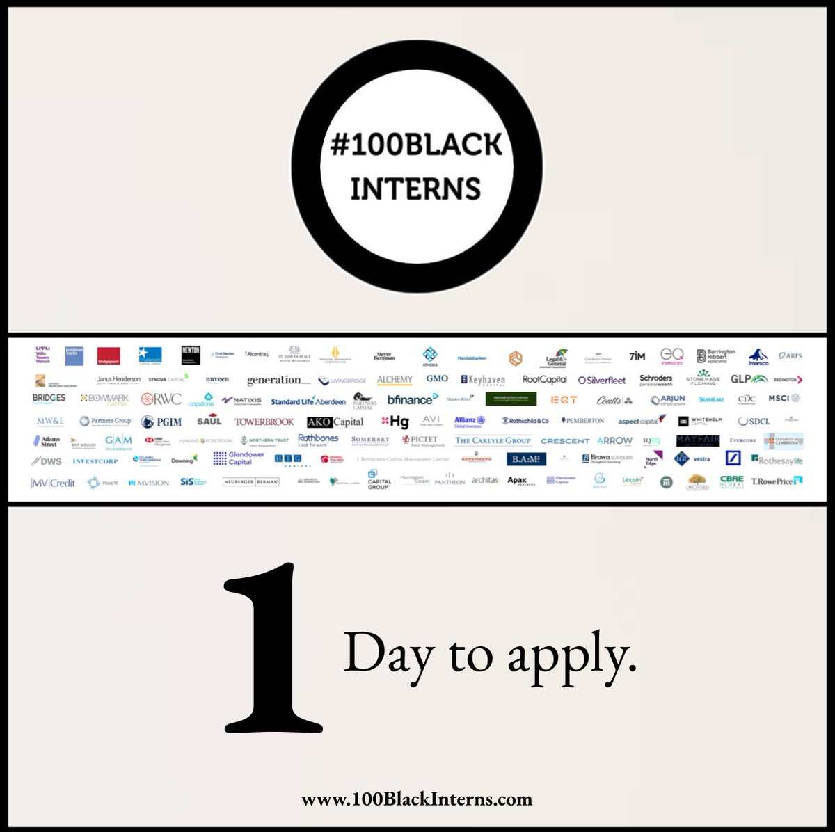 100BlackInterns's tweet photo. 1 day to apply.

Internships are open to (Black) university students of all disciplines (including gap year students, 1st year and recent graduates), are paid and will take place in the Summer of 2021 lasting a minimum of 6 weeks. https://t.co/WIpjqI9JBG
