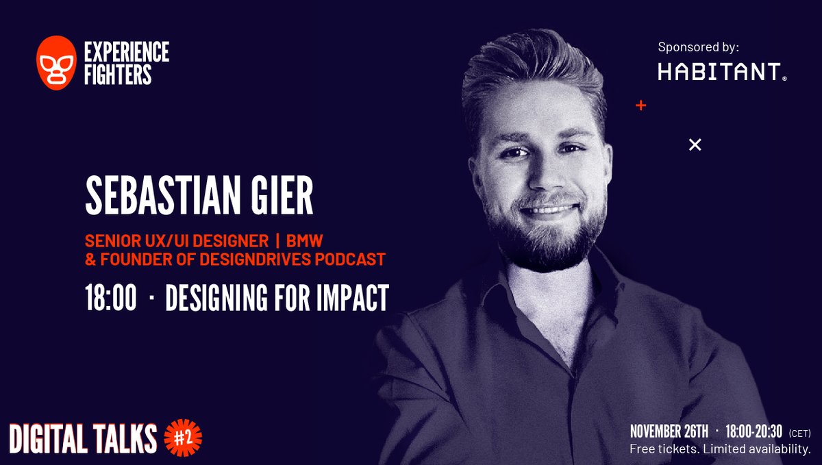 expfighters's tweet photo. Este es @SebastianGier, diseñador senior en @BMWGroup, fundador del podcast @Design_Drives y el 1er ponente de #DigitalTalks2 
 
En su charla “Designing for impact“ nos contará cómo crear impacto en el entorno y fomentar cambios positivos.
 
¿Te apuntas? 👉🏻https://t.co/f2SrpxhFzc https://t.co/CUHxmCKFq1