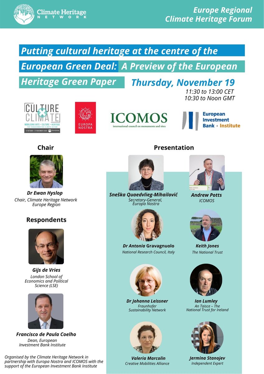 Cultural Heritage needs the European Green Deal to succeed &amp; the #EUGreenDeal needs cultural heritage to succeed -- but these linkages aren't always understood. On 19 Nov we'll be previewing the European Heritage Green Paper, which aims to connect it all! culturexclimate.org/event-list/reg…