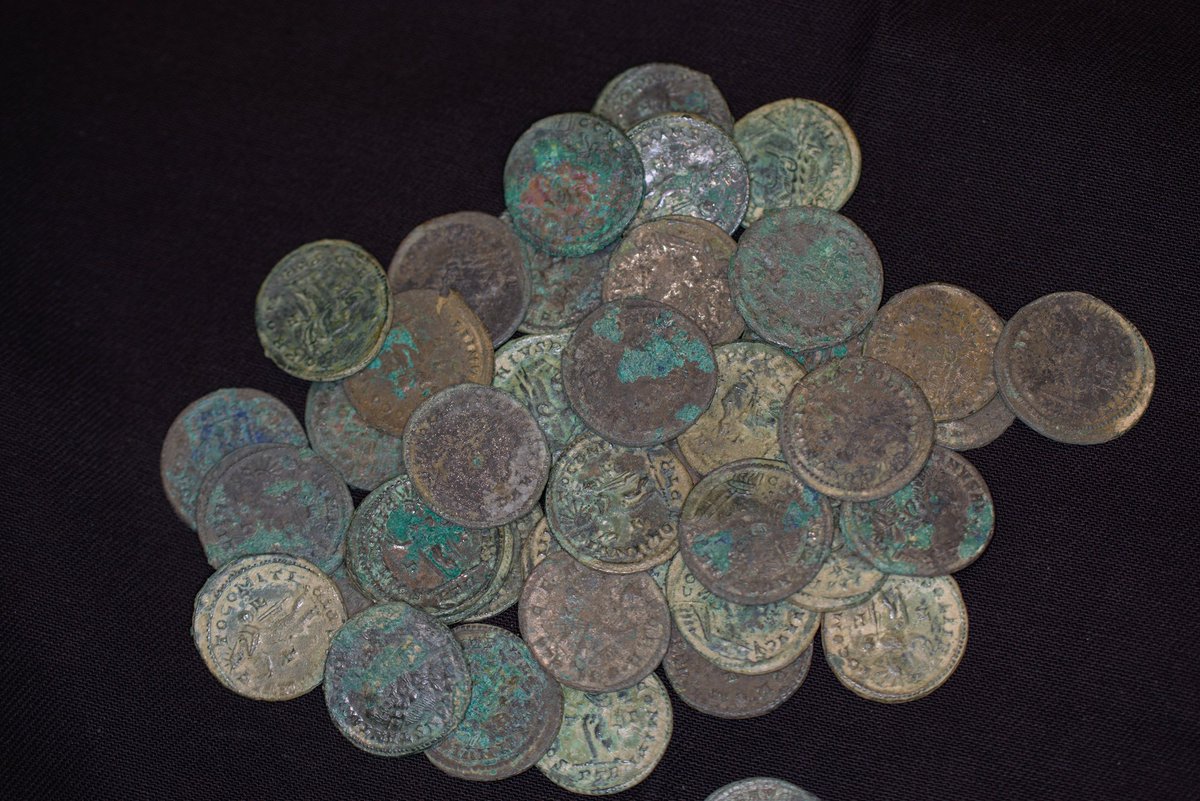 2/15 The hoard of 1266 Late Roman nummi was found by a metal detector in September 2012. It was the surprise of his life! Somehow it survived the Wiltshire clay in a field that had been ploughed forever. It did not look too promising at first even in a broken pot.  #SMACon2020