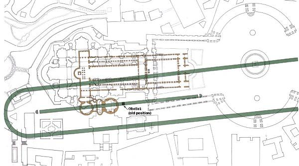This is a very useful graphic - the original obelisk position is pointed out... the tomb was on the road immediately beside the circus - (where the main altar is now)