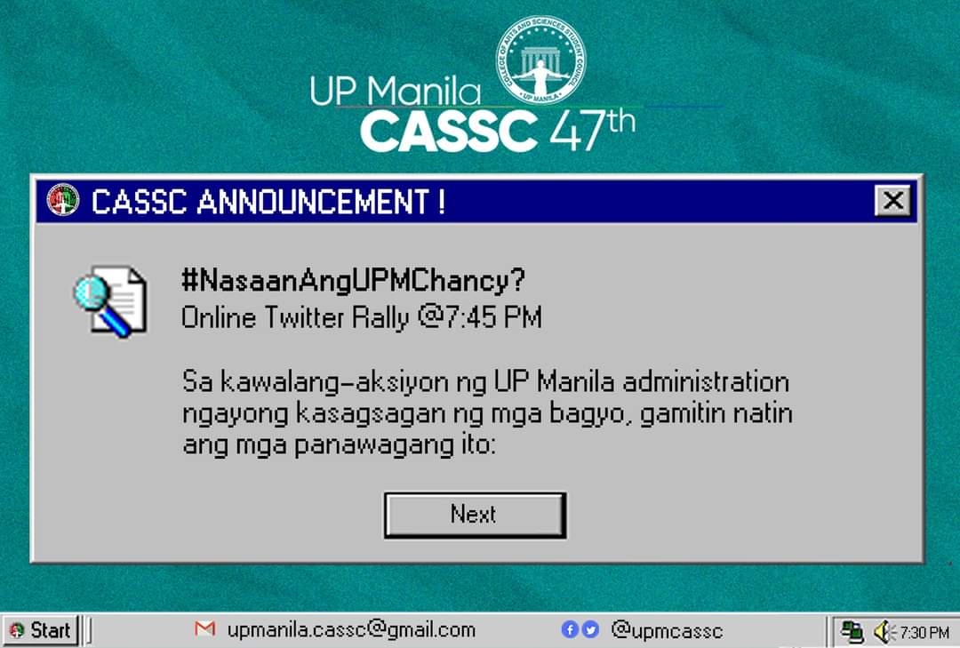 upmcassc's tweet photo. #NasaanAngUPMChancy:
ONLINE TWITTER RALLY

Sa pangunguna ng CASSC kasama ang UPM LCSC, ipanawagan natin ang agarang aksiyon at suspensyon ng klase sa UP Manila dulot ng pananalanta ng mga nagdaang bagyo!

#DoBetterUP
#UPMSuspendClasses https://t.co/nlvDTGQ39h
