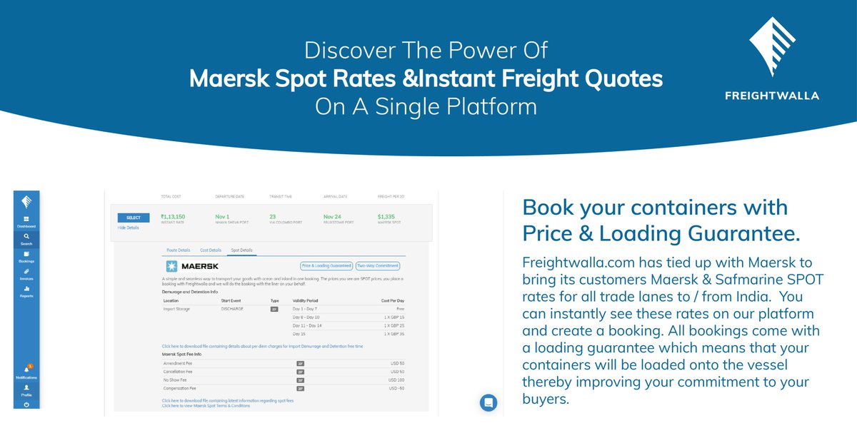 freightwalla's tweet photo. In a constant effort to offer the best, #Freightwalla has integrated #Maersk spot rates on its #digital_platform.
Now our users can instantly search, compare, book container space online & simplify the overall shipping experience.
#FreightForwarding #OceanFreight #supplychain https://t.co/kRqPMLeEqQ