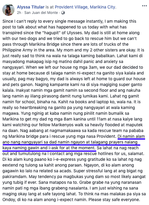 OctobeshiesPH's tweet photo. Our friend was able to post 2hrs ago but they still have no updates about her dad, pls pls help us rt 

11 MELBOURNE STREET, PROVIDENT VILLAGE, MARIKINA CITY

09454979197 - Ed Titular

need help, thank you!! #RescuePH #UlyssesPH #MarikinaNewsHelp https://t.co/mk0pzVXH83