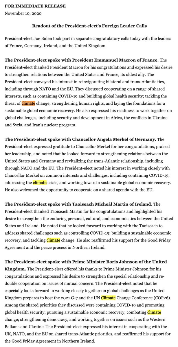 LeoHickman's tweet photo. Joe Biden has now spoken on the phone to seven world leaders.

And he has raised the issue of climate change with *every single one* of them so far. https://t.co/Gxc6tudeJZ