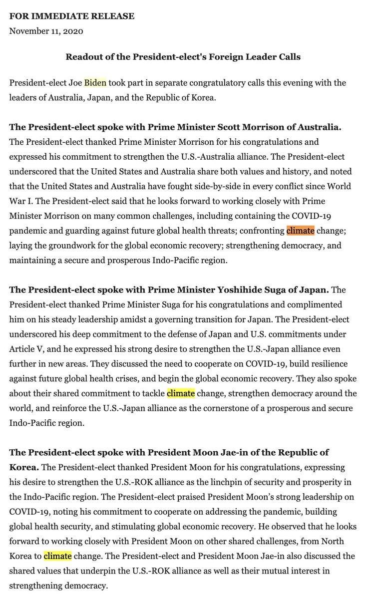 LeoHickman's tweet photo. Joe Biden has now spoken on the phone to seven world leaders.

And he has raised the issue of climate change with *every single one* of them so far. https://t.co/Gxc6tudeJZ