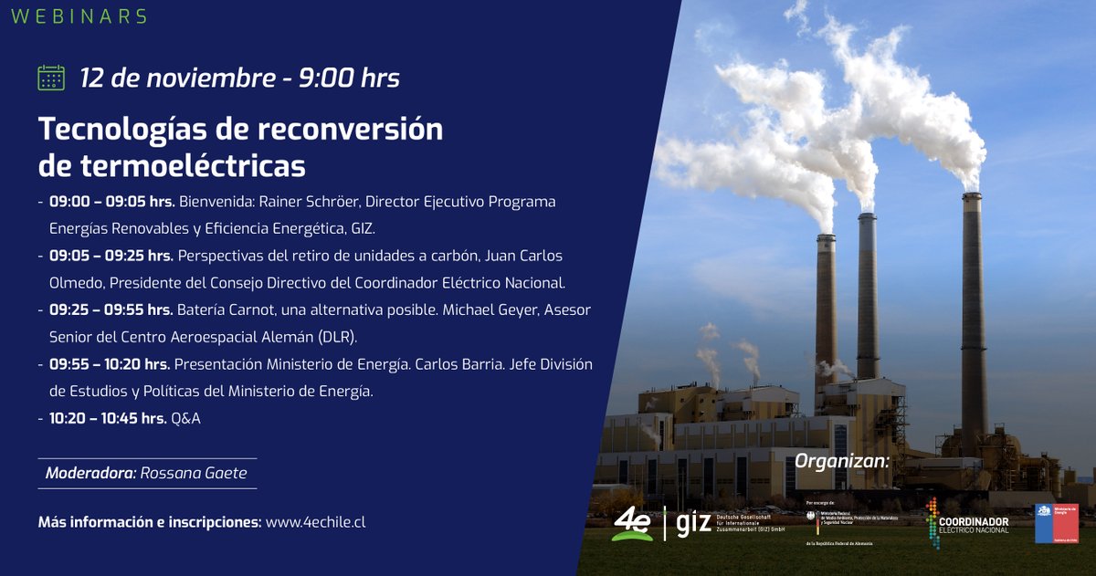 En minutos parte el #webinar "Tecnologías de Reconversión de #Termoeléctricas", con presentaciones del German Aerospace Center (DLR), el Coordinador Eléctrico Nacional, el Ministerio de Energía y el Programa de Energía de la GIZ . Sigue la #transmisión en lnkd.in/eQr-aqK