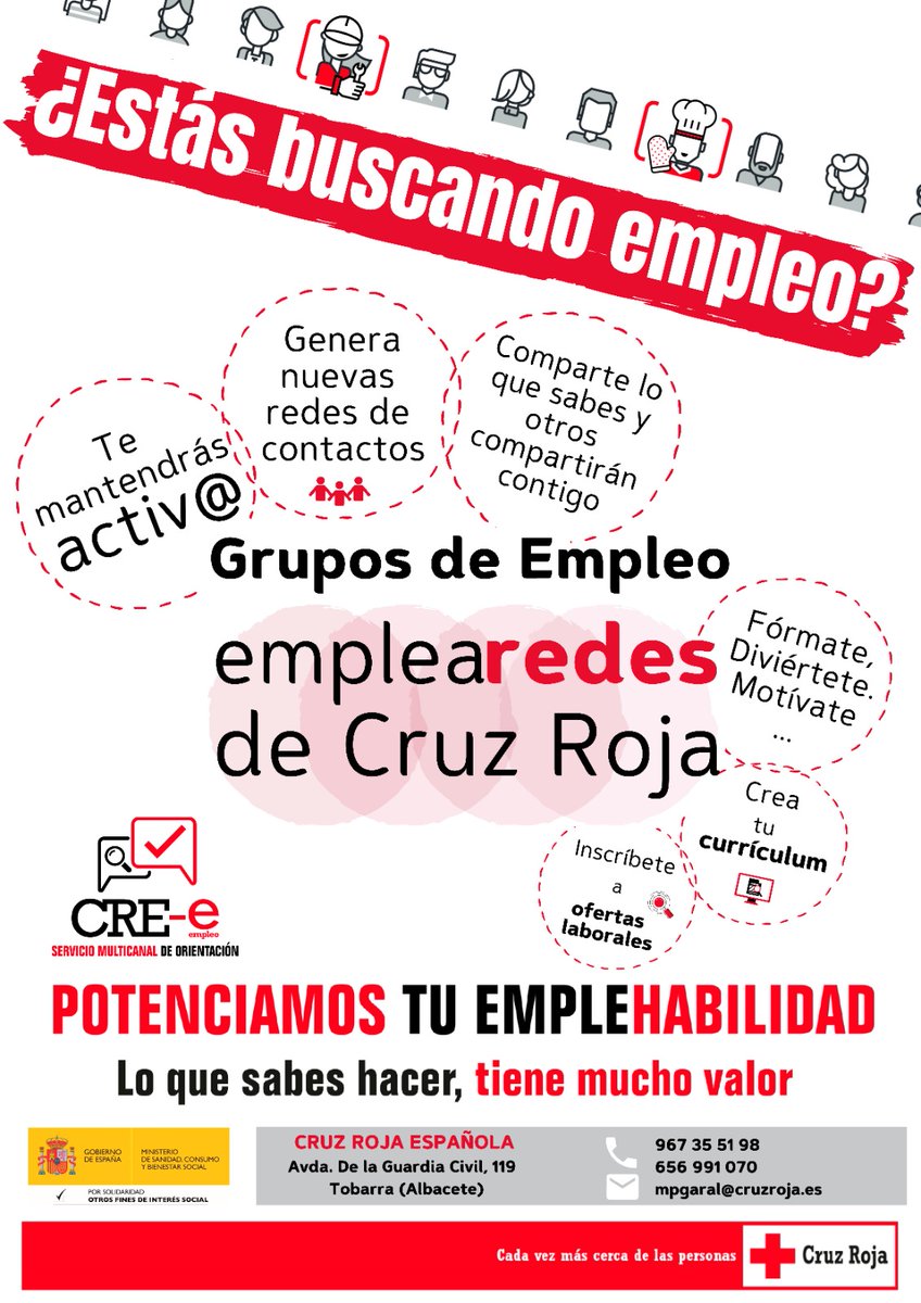 CruzRojAlbacete's tweet photo. En #CruzRoja Tobarra tenemos un nuevo grupo para nuestro proyecto #EmpleaRedes. ¿Estas desempleado o desempleada?, no busques escusas, ¡ven a Cruz Roja, participa y actívate! https://t.co/NfZq1Xs5R5
