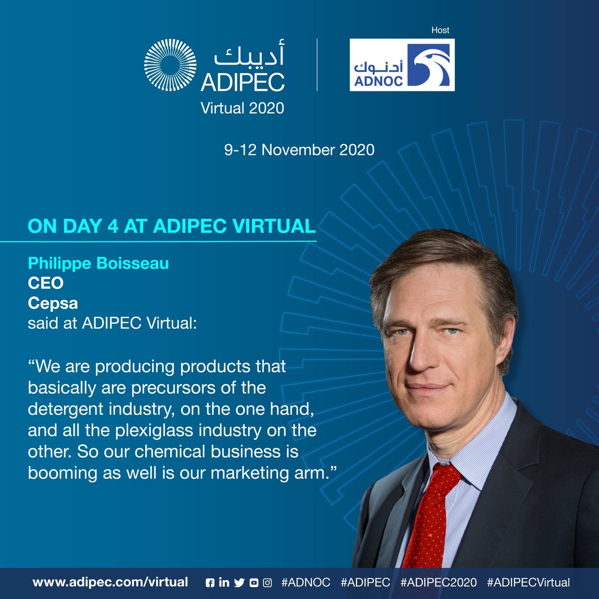 ADIPECOfficial's tweet photo. At the ADIPEC Virtual 2020 Strategic Conference today, Philippe Boisseau, CEO CEPSA shared his thoughts.
#ADNOC #ADIPEC2020 #ADIPECVirtualStrategicConference
#YourEventYourWay #Energy #OilandGas
@Cepsa https://t.co/Lk7Ygr4AX2