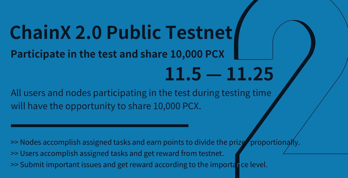 oliuyt3's tweet photo. ChainX launches the 2.0 public testnet, participate in the test to share 10000 PCX!
@chainx_org https://t.co/oTDBwjFR7p
