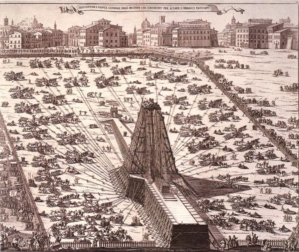 This is the famous "raising of the obelisk" on Saint Peter's Square - watched by hundreds (hoping for a catastrophe, of course). The several hundred meters took from May to September, 1586. Imagine what a feat the transport under Caligula from Egypt to Rome was in 37 A.D.!