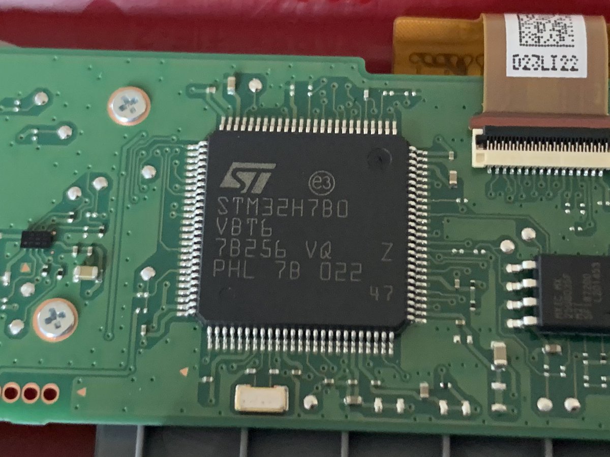 Interesting, an STM32H7B0VBT6 is the main processor! Cortex-M7, 128 KBytes Flash, 1024 KBytes of RAM. Also some unpopulated headers close by that expose SWD (the Arm Cortex-M debug interface)!