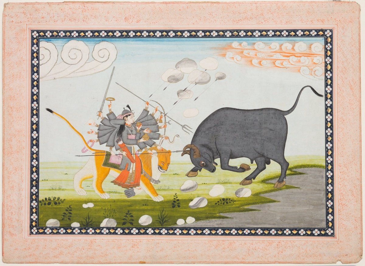 Devi Durga in combat with MahishasurMahishasurmardinipainting 1800Detroit Institute of Art  @DIADetroit here demon shown in actual form of buffalo, since he was mayavi, could change forms as per will- was it our desires-greed, evil thoughts that need to be conquered?style?