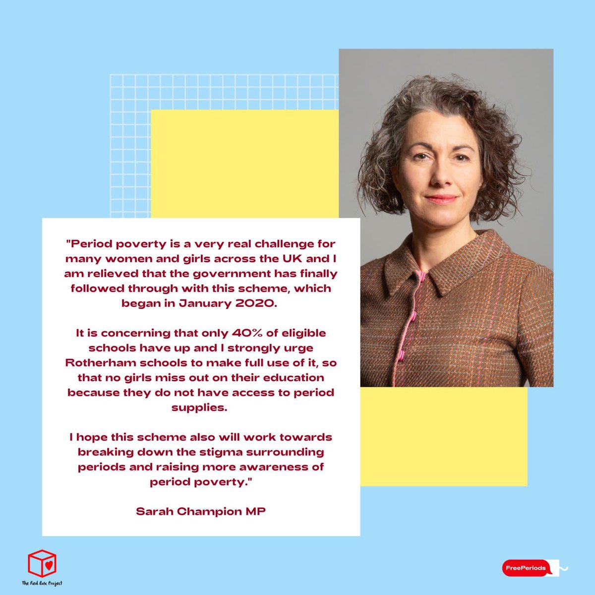SarahChampionMP's tweet photo. Did you know that every school & college in England has access to a Government scheme that provides free period supplies for their students?
Only 40% of schools have signed up! Please spread the word & join the #PeriodRevolution with @free_periods & @redboxproject today! https://t.co/zebu68he2y