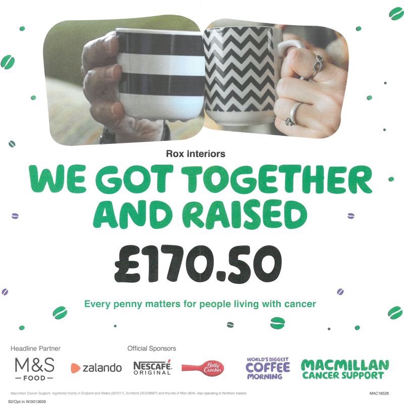 roxinteriors's tweet photo. We have raised £170.50 from our MacMillan Coffee morning that took place in September and it is all for a great cause.

#roxinteriors #roxinabox #macmillancancersupport #macmillancoffeemorning #charityfundraising #coffee #charity #fundraising https://t.co/ZWl71jL8wQ