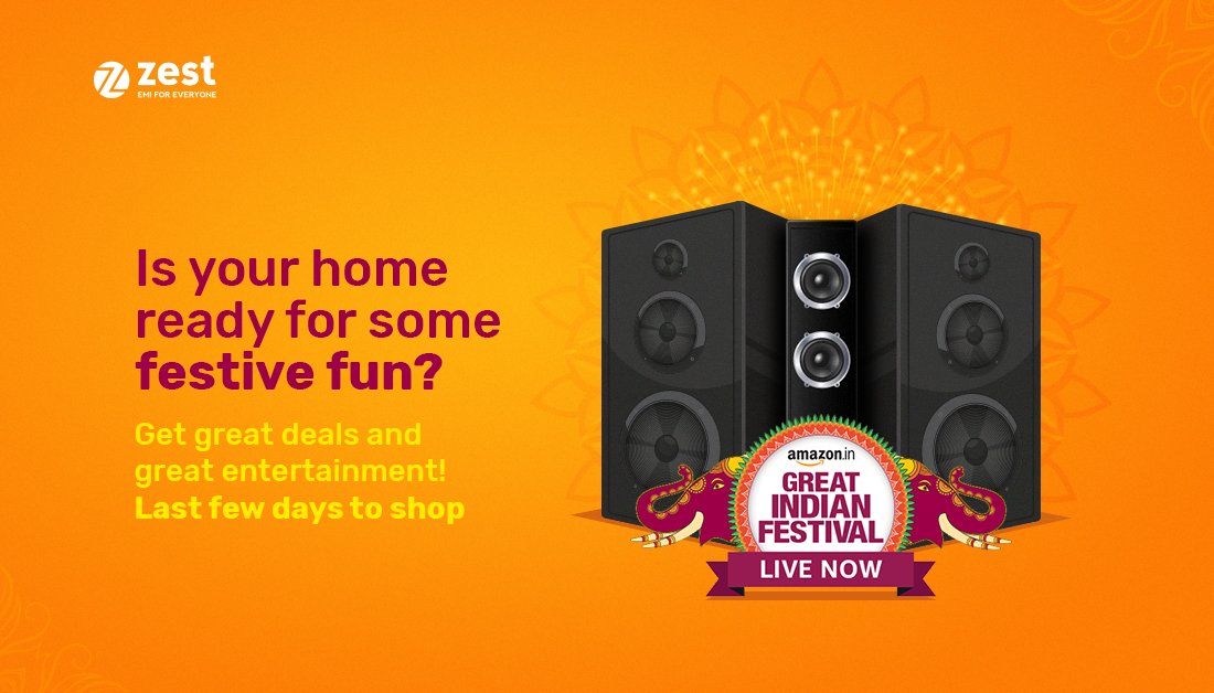 ZestMoney's tweet photo. Movies and DJ on the house. Get your hands on the exciting deals on home theatre systems and speakers only at @amazonIN’s Great Indian Festival sale. Hurry, bring home some festive fun with great deals.
The sale ends on November 13.
#AmazonGIF #AmazonGreatIndianFestival https://t.co/b9vga7mYib