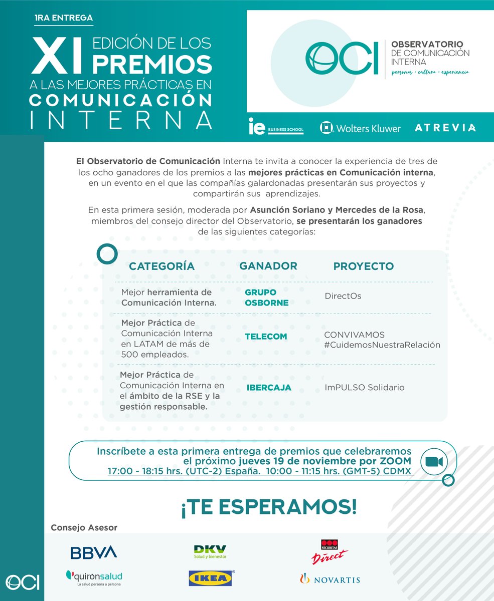 ObservatorioCI's tweet photo. 🗓️Save the date! El próximo 19 de noviembre celebraremos la 1ra entrega de los Premios a las Mejores Prácticas en Comunicación Interna - XI Edición.
Inscríbete a este gran evento y conoce a los ganadores. https://t.co/Afj5jIJY0o
#ObservatorioCI #XIpremiosOCI #ComunicaciónInterna https://t.co/YfGGuMoMbu