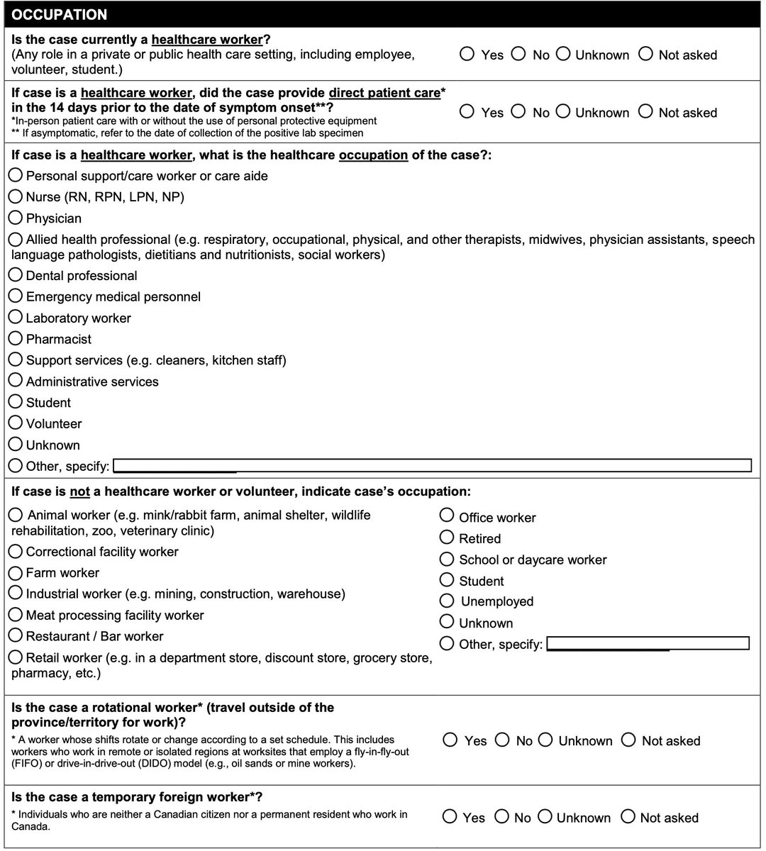 The case report for got updated and is now collecting more comprehensive data on occupation, adapting to what we learned about COVID. Which is great. But FFS, we only learn things if provinces actually provide the data.