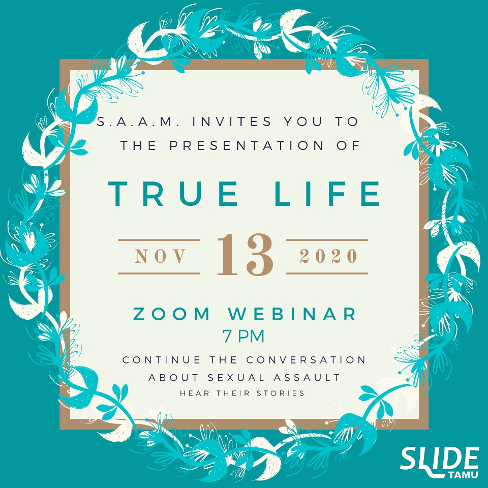 STANDUPTAMU's tweet photo. This Friday, November 13 @7pm, @tamuslide is hosting True Life. True Life is a panel of survivors, advocates, and educators who facilitate conversation about sexual violence and share their stories. To attend, RSVP here: https://t.co/kM3x0wccXz 
@tamustudentlife @TAMU_HP https://t.co/G9jlUXjsF7
