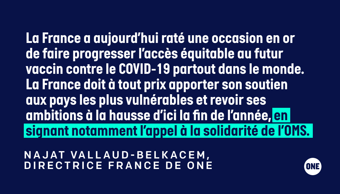 ONE_Fr's tweet photo. ONE regrette l'absence d'engagements ambitieux de la part d'@EmmanuelMacron lors du #ParisPeaceForum2020 : pas de nouvelles contributions à l'ACT-A, ni de mesures précises afin de concrétiser l'engagement de la France de faire du vaccin contre le #COVID19 un bien public mondial. https://t.co/4UlREhB019