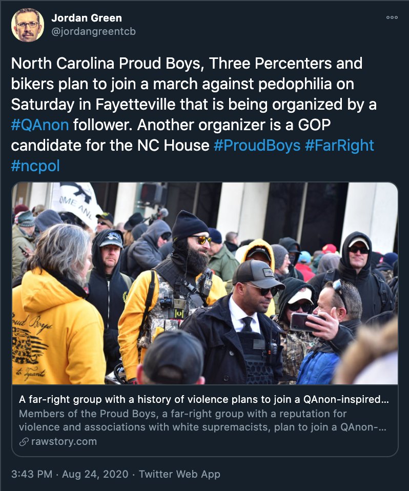Hussein Hill is an extremist based in NC Triangle & hs bn out at events recently. He attended the Aug 2020 SaveTheChildren event in Fayetteville; Proud Boys were allegedly asked to act as event security but instead dominated media coverage & diverted attention away from the event
