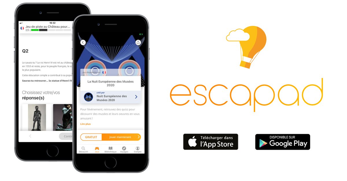[#SaveTheDate ] 𝗝-𝟮 𝗮𝘃𝗮𝗻𝘁 𝗹𝗮 𝗡𝘂𝗶𝘁 𝗘𝘂𝗿𝗼𝗽𝗲́𝗲𝗻𝗻𝗲𝘀 𝗱𝗲𝘀 𝗺𝘂𝘀𝗲́𝗲𝘀 𝟮𝟬𝟮𝟬 🗓️
Pour la <a href="/NuitdesMusees/">NuitdesMusées</a> le <a href="/MinistereCC/">Ministère de la Culture 🇫🇷</a> fait confiance à Escapad ! Nombreux Quiz culturels sont disponibles dans l'appli à l'occasion de cet événement virtuel📱
@WelcomeCityLab