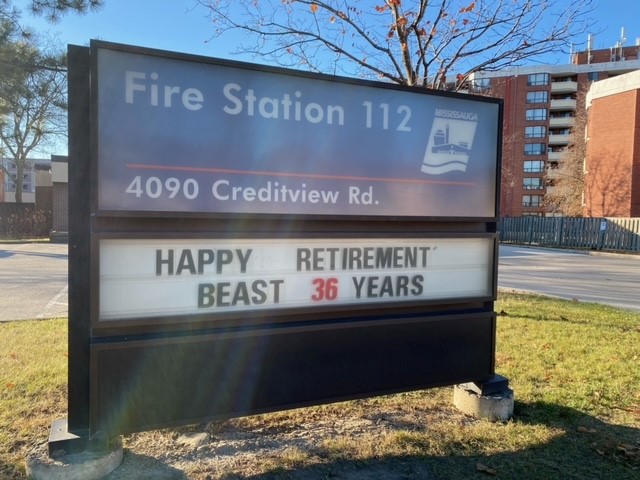 MississaugaFES's tweet photo. Congratulation to Capt. Bob "Beast" Kirkpatrick on your retirement.  Thank you for your 36 years of service to the residents of @citymississauga .  Wishing much health and happiness in retirement. https://t.co/e0jfeCkfDe