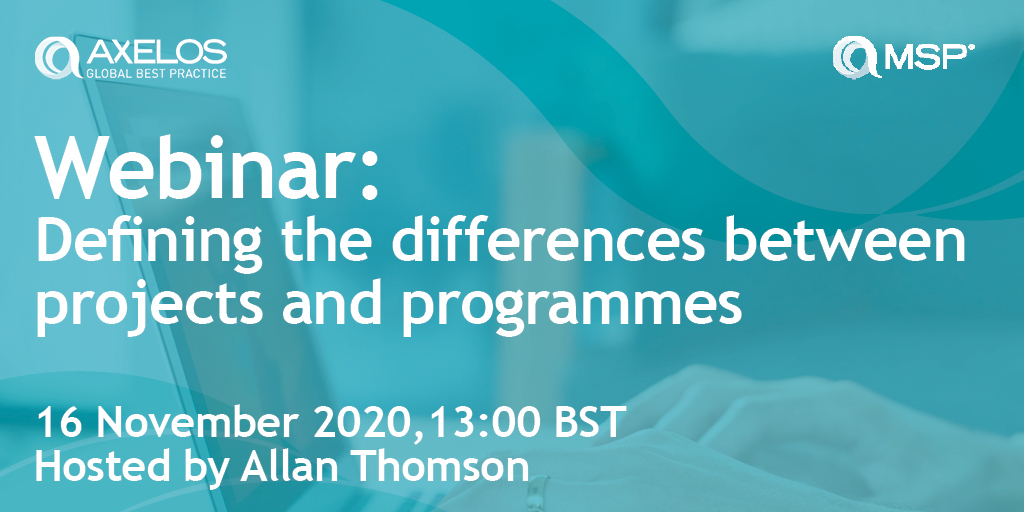 What are the differences between #projects &amp; #programmes?

Join us for the second webinar in our #MSPMonday series where Allan Thomson will be answering the above question &amp; discussing the value of #MSP when managing projects - bit.ly/36yO14I

#TakeTheNextStepWithMSP