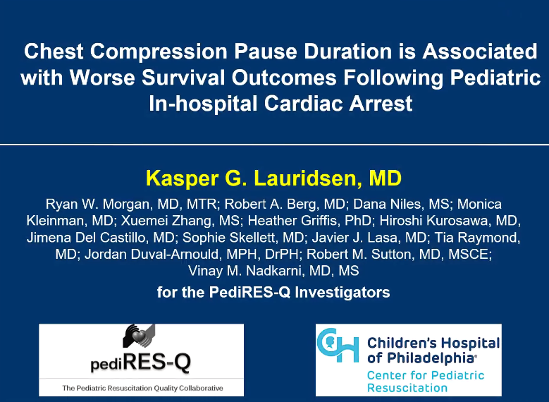 pediRESQ's tweet photo. Shoutout to our @g_lauridsen presenting on the association of compression pauses with worse survival outcomes. Longer pauses in CPR provision decrease the odds of survival and discharge #PedsICU @jdcp51 @SuttonB_ICUMD @DPNiles01 @VinayMNadkarni @TiaTiaraymond @JordanMDuval https://t.co/kXyJlMKCud