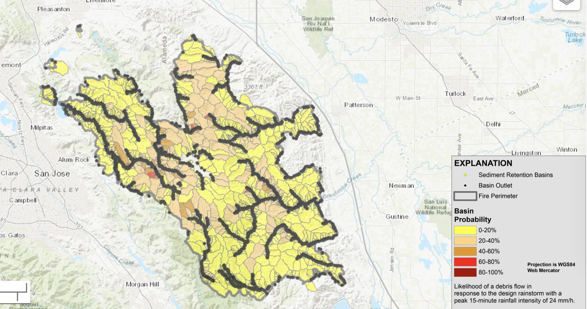 Not all recent burn scars face same level of risk. Large areas burned at low-mod intensity, where risk will be pretty low. Good examples of lower risk zones include nearly all of  #SCUComplex, majority of enormous  #AugustComplex, & wide swaths of  #CreekFire. (H/T  @geodirtdude)