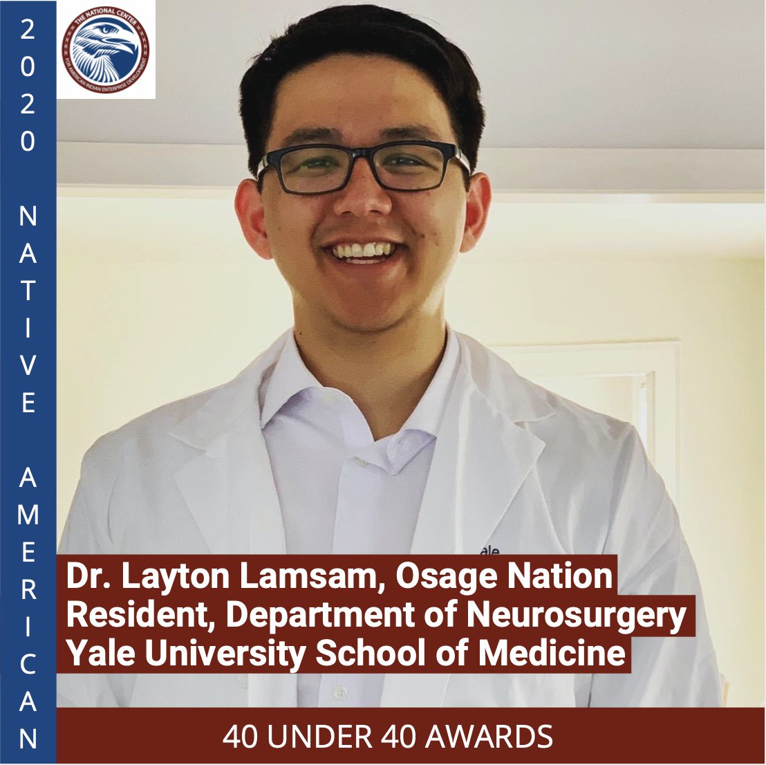 ncaied's tweet image. 3/6 Dr. Layton Lamsam is a member of the @Osagenation and a Resident at @YaleMed Dept. of Neurosurgery. Currently in the first year of his residency, Dr. Lamsam is currently working on the frontlines of the #COVID19 pandemic, helping to treat patients with the virus. #40Under40