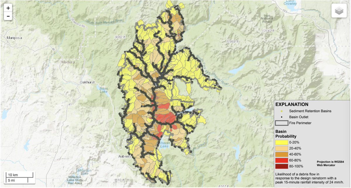Not all recent burn scars face same level of risk. Large areas burned at low-mod intensity, where risk will be pretty low. Good examples of lower risk zones include nearly all of  #SCUComplex, majority of enormous  #AugustComplex, & wide swaths of  #CreekFire. (H/T  @geodirtdude)