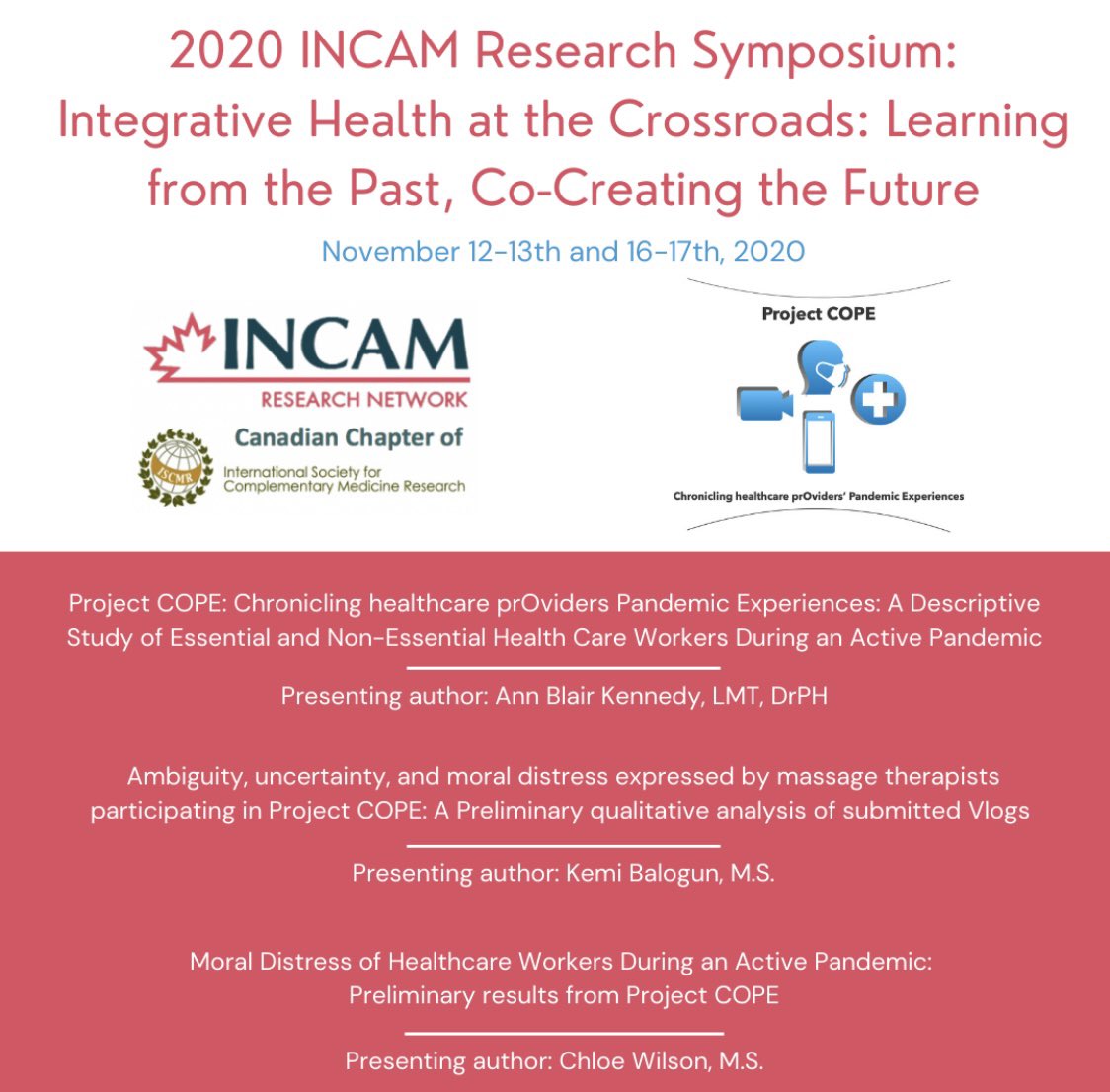 cope_project's tweet photo. Over the next few days, our researchers at project COPE will be presenting some initial findings at the INCAM research symposium! #covidー19 #covid19research #healthcare

Click here to join Project COPE and contribute to our research: 
https://t.co/J8qQ4kQPYT https://t.co/oUrgHeoYRk