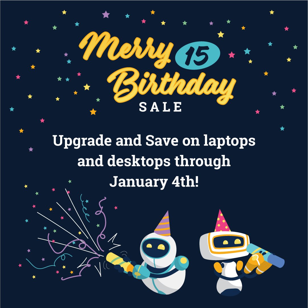 system76's tweet photo. System76 turns 15 this year! To celebrate, save up to $1268 on desktops and $418 on laptops through January 4th. Have a Merry Birthday! https://t.co/d2IXv2JDhY

#system76 #merrybirthday #15years #sale https://t.co/a3eVY33CJj