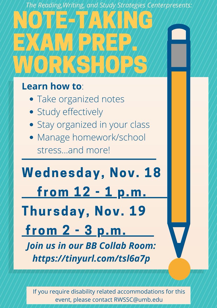 Join us tomorrow at noon for our first Note-taking/Exam Prep. Workshop of the week! The hour long discussion session will take place in our BB Collab room: tinyurl.com/TSL6A7P