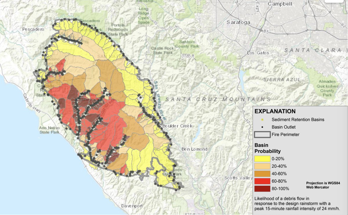 However, there are several areas of high concern.  #CZUComplex in Santa Cruz mountains tops the list, given very high burn intensity in some areas, steep slopes & small, "flashy" watersheds, & susceptibility to very high precipitation rates during winter storm events.