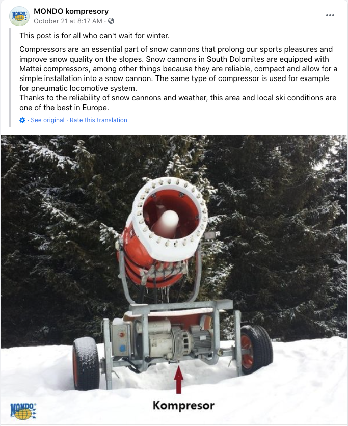 MatteiGroup's tweet photo. FB repost: MONDO kompresory clients rely on #matteicompressors for their #snowcannons - because ours are the best for the job.
#matteigroup #matteicompressor #aircompressor #compressor #snow #snowcannon #snowgun #artificialsnow #skiresort #piste #groomed #corduroy #powder https://t.co/3NcY1x2sCL