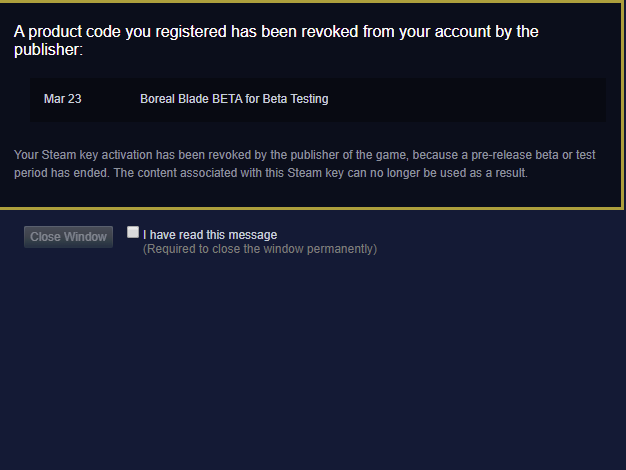 SkyKingGoose's tweet photo. @BorealBlade this window popped up and the check box refuses to be checked, locking me out of the rest of steam. knew i shoulda just removed this shit game from my account after the first time i played it https://t.co/XA4Dup21Me