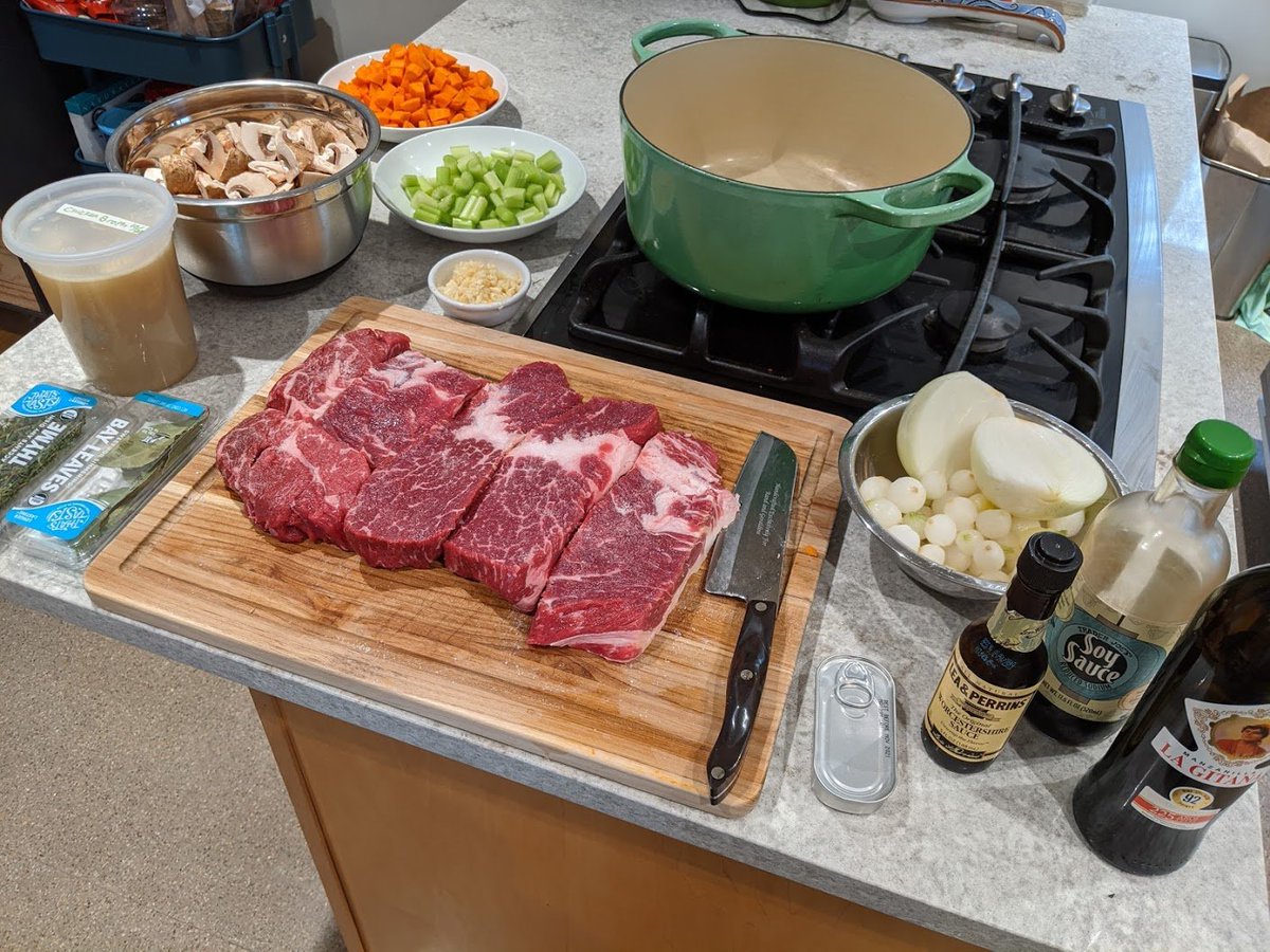 I know. Usually my food threads are pasta. But we need stick-to-your-bones comfort tonight.To start: Chuck steak, onions, carrots, celery, mushrooms, garlic.And more umami than Trump has frivolous elections lawsuits: soy sauce, Worcestershire, sherry, tomato paste, anchovies.