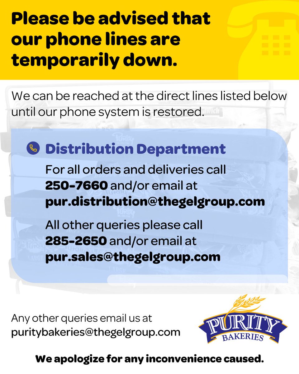 Technicians are working diligently to have the PBX restored.
We apologize for any inconvenience caused. Please use the contact numbers listed.
