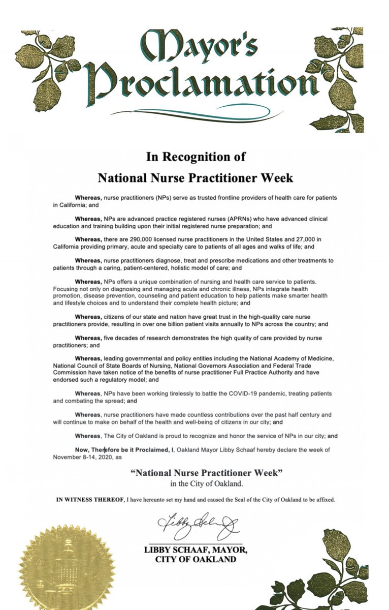 Check it out! The mayor of Oakland <a href="/LibbySchaaf/">Libby Schaaf</a> has proclaimed Nov 8-14 as #NPWeek! Thank you <a href="/Oakland/">City of Oakland</a> for recognizing #NursePractitioners! #CANP #NPsLead