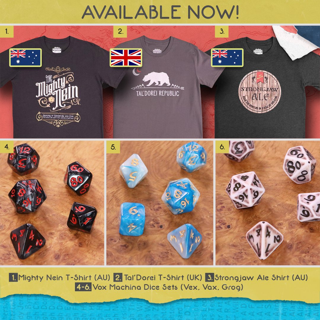 Critical Role on Twitter: "MERCH ALERT! Adventure in style Strongjaw Ale, Mighty and Tal'dorei Republic T-Shirts. Then snag our new Vox Machina dice sets by @dieharddice inspired by Vax'ildan,