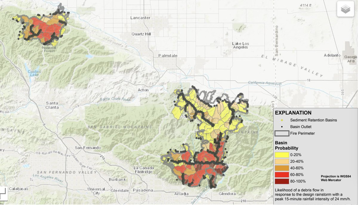 Risk of debris flows in/near the SoCal burn areas, as one might expect given the background geology/geography of the Transverse Ranges, is also high. But geographic extent of burn scars down south is less than in NorCal this year.