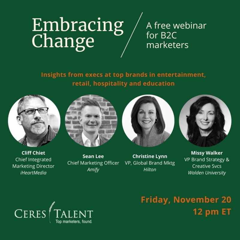 Looking forward to attending Ceres Talent's webinar on Friday, November 20 at 12PM ET and hearing from marketing execs about how they have adapted and shifted their strategies this year. Join us!

cc: <a href="/lkthrock/">Lisa Throckmorton</a> <a href="/REQ_co/">REQ</a> <a href="/suekeith/">suekeith</a>

#marketing #hospitality #retail