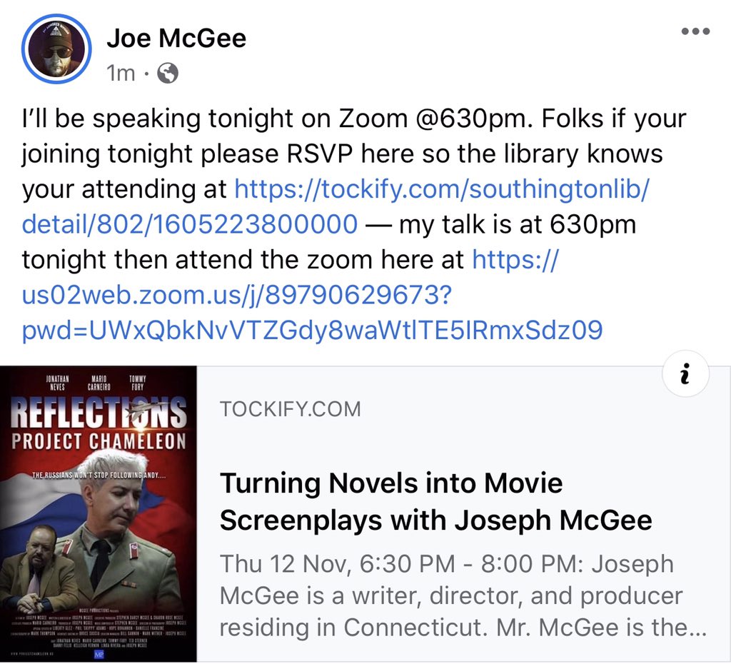 Scorpionkingct's tweet photo. I’ll be speaking tonight on Zoom @630pm. Folks if your joining tonight please RSVP here so the library knows your attending at https://t.co/ha3V4QhIy1 — my talk is at 630pm tonight then attend the zoom here at https://t.co/x6SLdaZ7sj #librarytalk #indiefilm #zoom #rsvp https://t.co/vLGqdC0z5Z