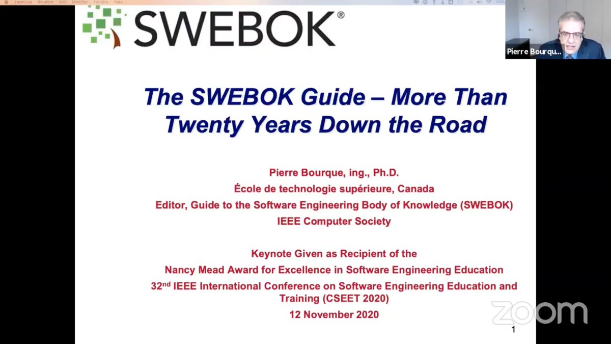 CSEETconf's tweet image. Nancy Mead Award Winner Pierre Bourque is giving the closing keynote at #cseet2020 Watch it live on Youtube youtube.com/watch?v=AAe13B…