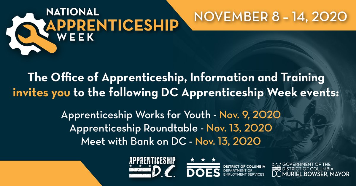 DOES_DC's tweet photo. The Office of Apprenticeship, Information and Training is hosting a series of events that will expose youth to apprenticeship sponsors &amp; community partners that support residents with industry training in the District’s growing economy. #NAW20 https://t.co/AuzrQ4KN9A