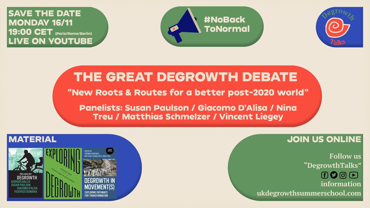 DegrowthTalks's tweet image. Ready for the next #DegrowthTalks ?🐌

This time with #TheGreatDegrowthBookDebate !

🔜Monday 16/11 at 19:00 CET 🌍

With panelists Susan Paulson, Giacomo D’Alisa, Nina Treu 
@NeueOekonomie, @MGSchmelzer and @VinczeDegrowth

Watch live on YouTube here: youtube.com/watch?v=9RJsW3…